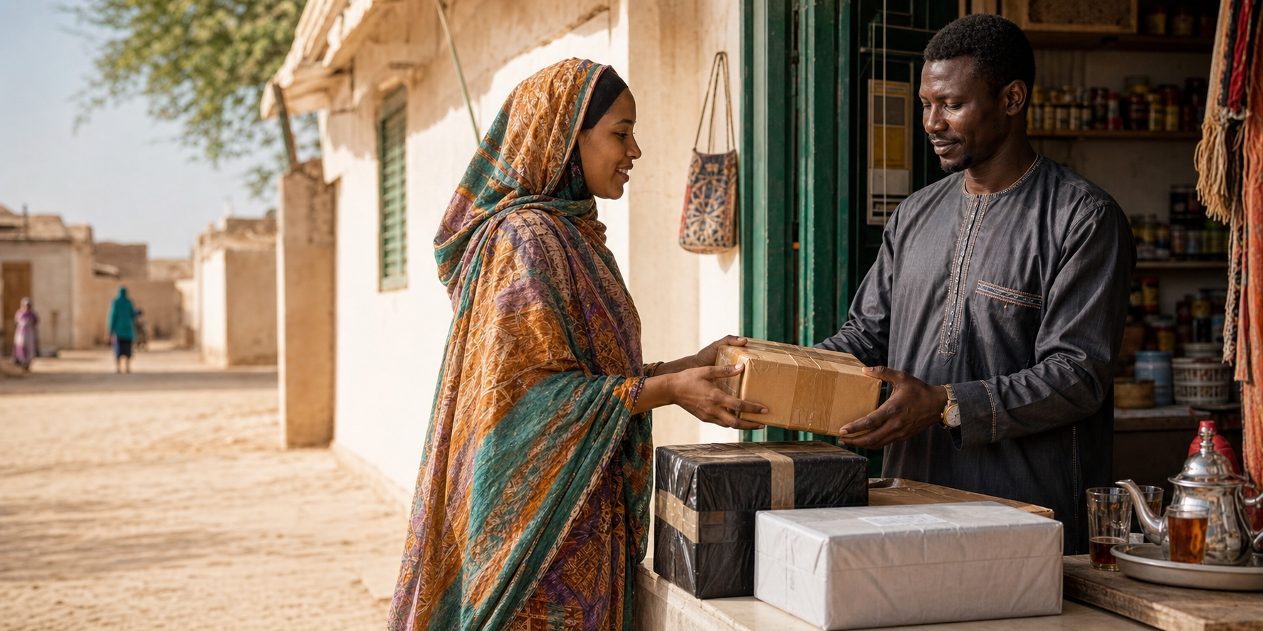 A woman receiving a package from a local community operator.